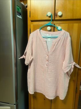 Kaktus Women’s Pink Stripe Button-Front Tie-Sleeve Top-size XL